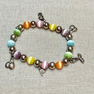 Pastel Cats Eye Beads Stretch Bracelet With Silver Golf Charms